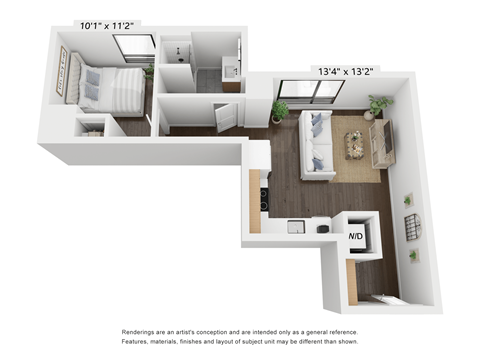 Floor plan for 1 bed, 1 bath, 559 sqft